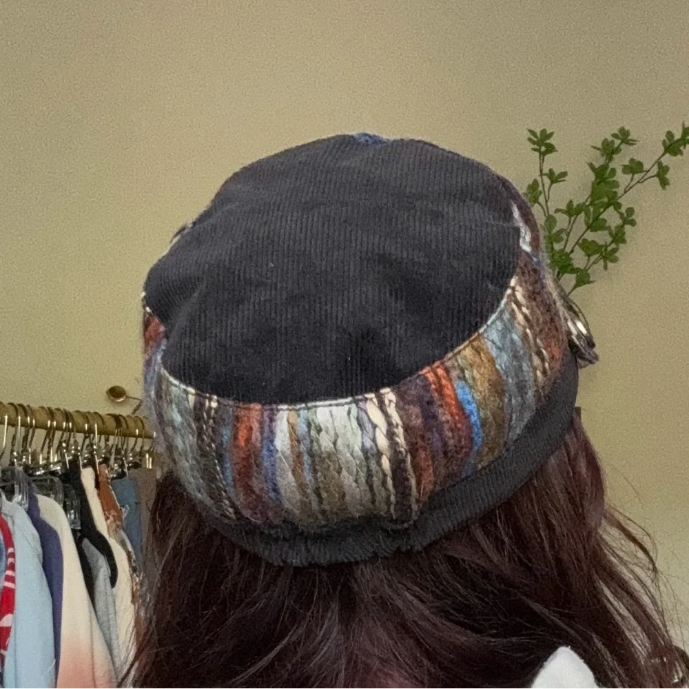 Y2K 2000s Adora Woven Yarn Rainbow Striped Black Corduroy Military Cap Hat